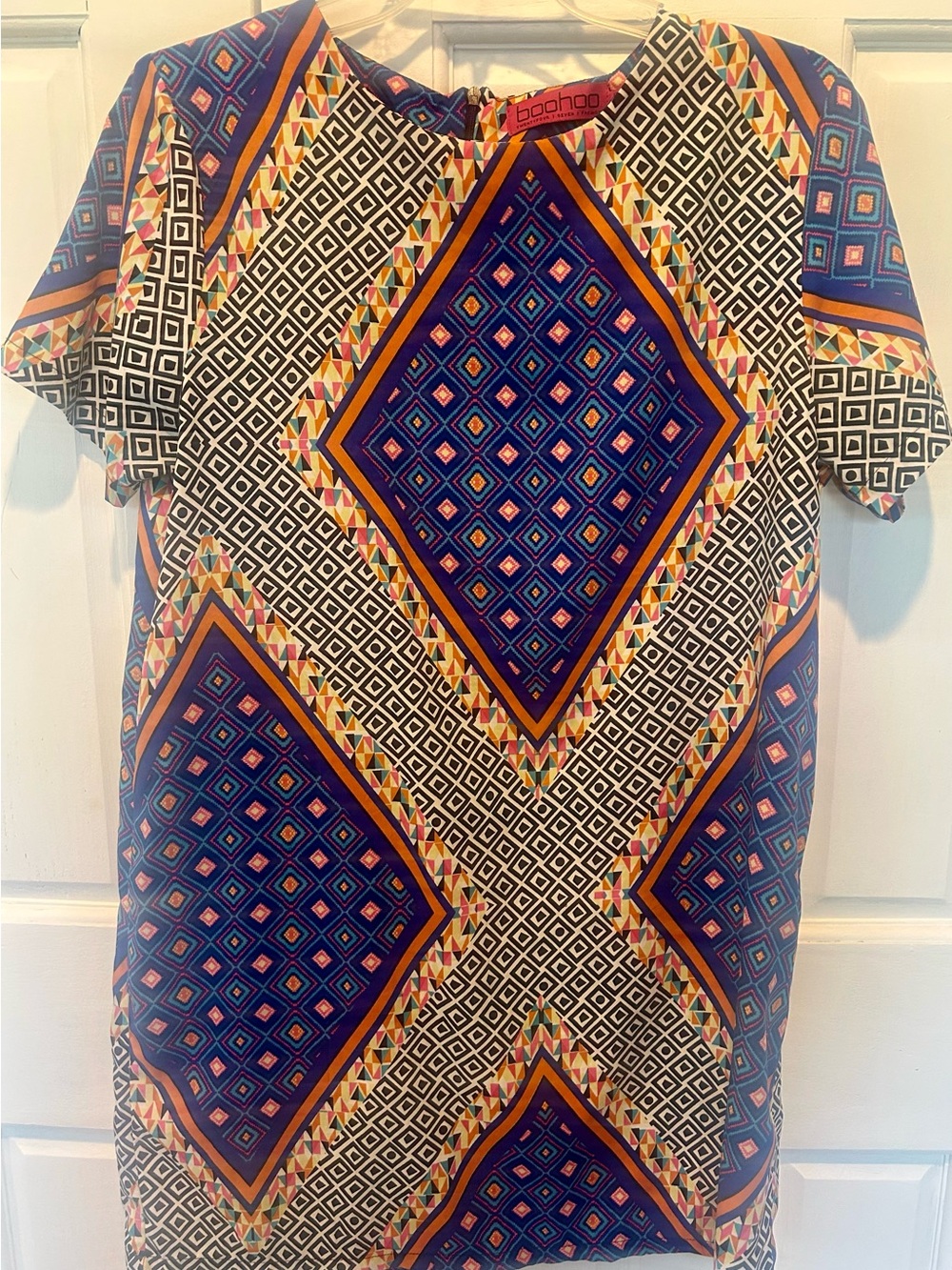 Boohoo Blue and Orange Geometric Diamond Print Dress